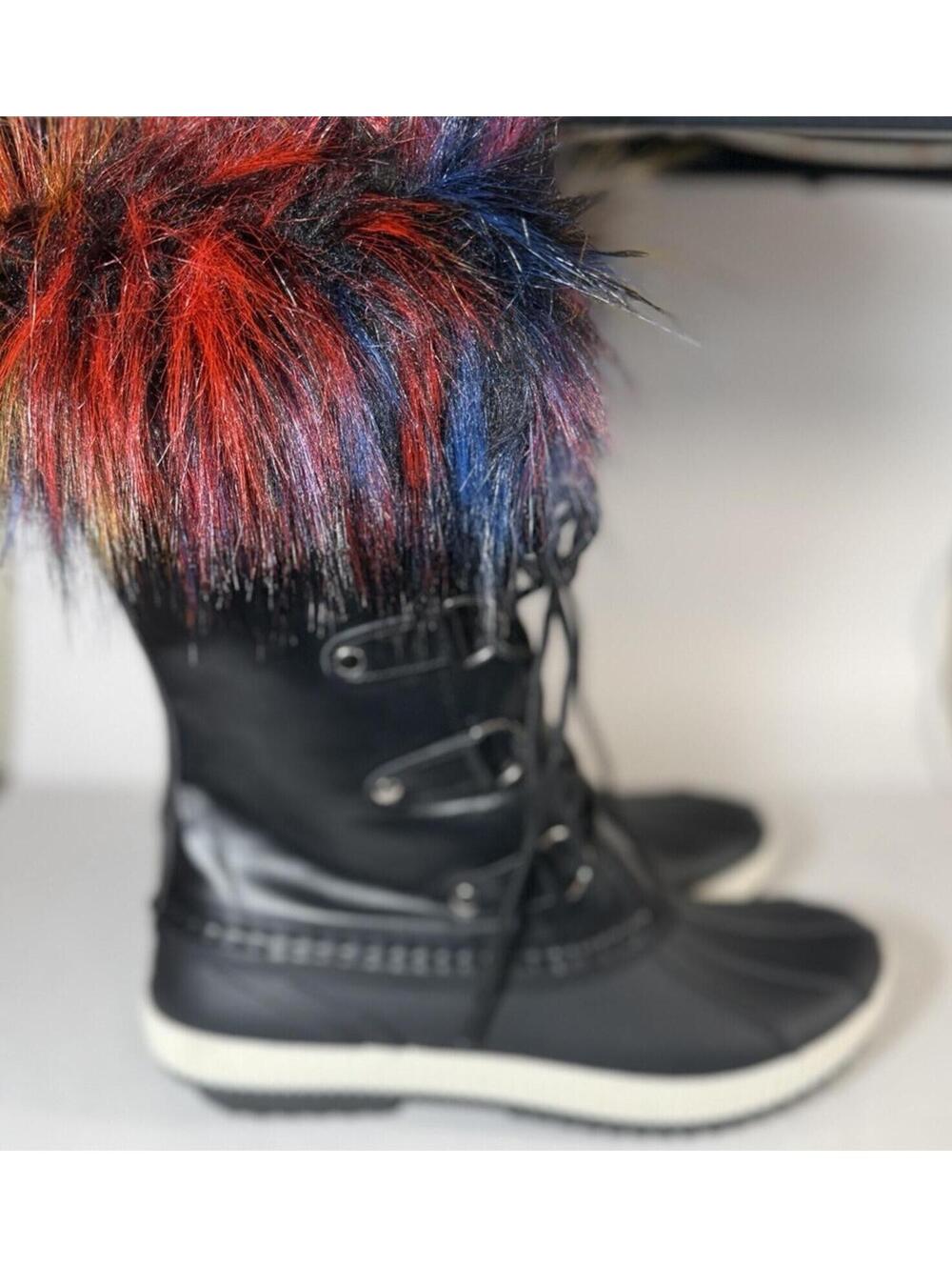 H2K Snow Boot Size 10 Black Multi-Color Faux Fur Winter Duck